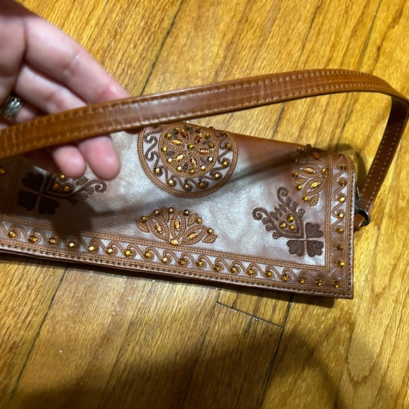 Wilsons Vtg Leather Brown Gem Embroidered Embellished Arm Clutch Fold Over Bag - Picture 3 of 13